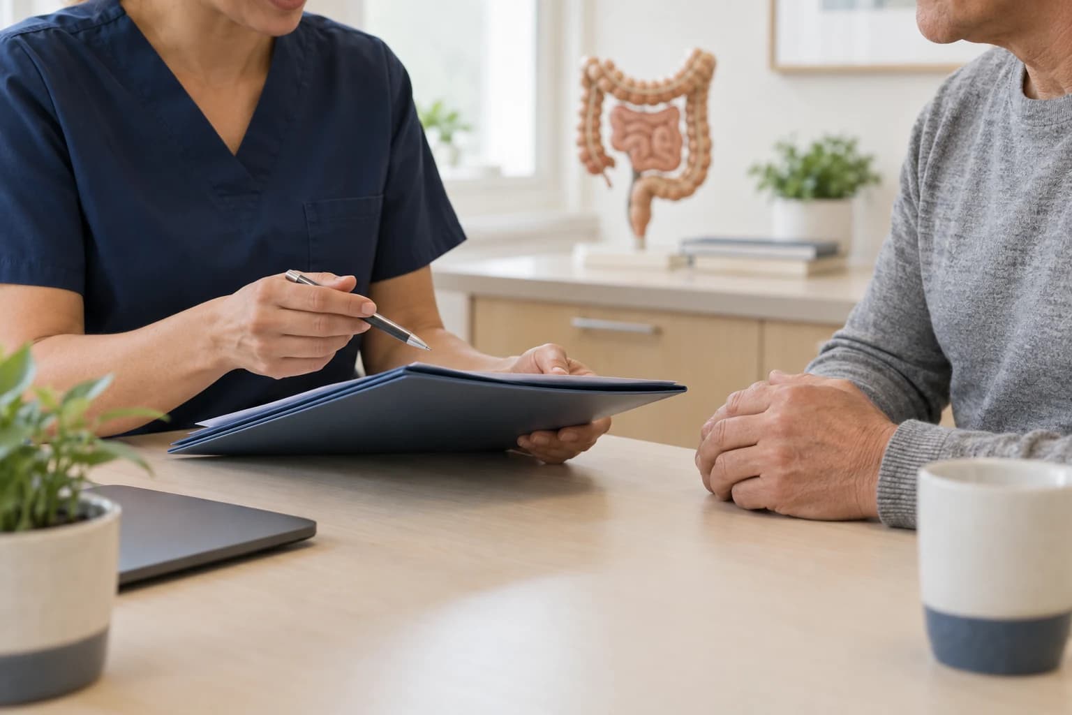 A nurse and patient reviewing a folder together before a planned procedure.