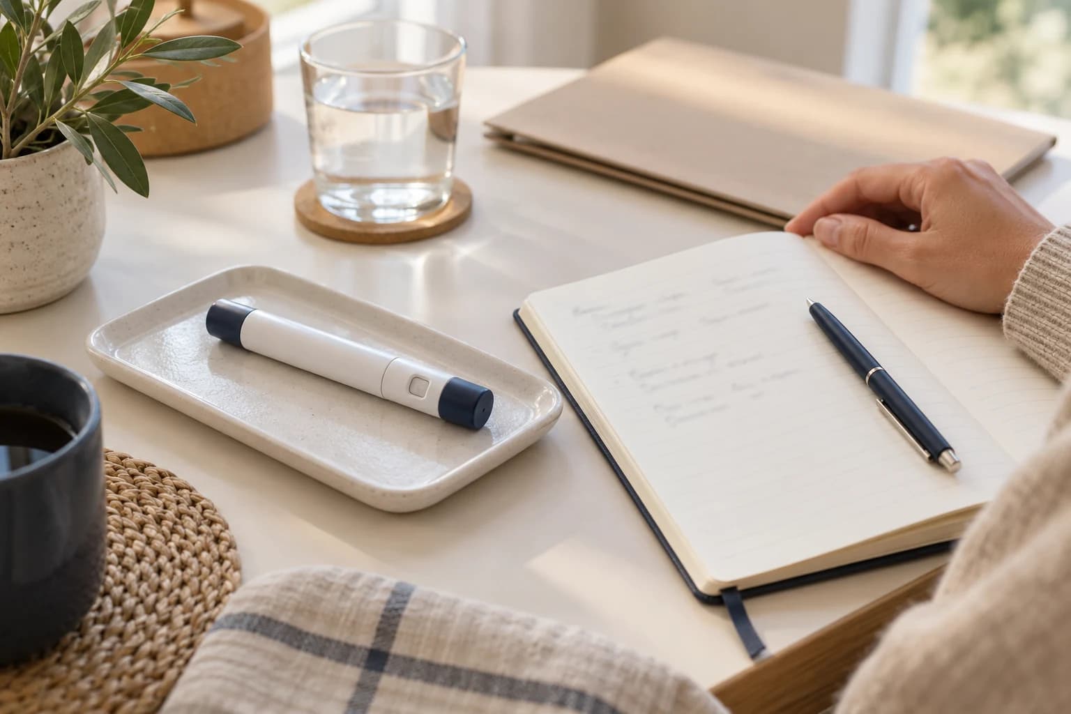 A capped injection pen beside an open notebook for preparing medication questions.