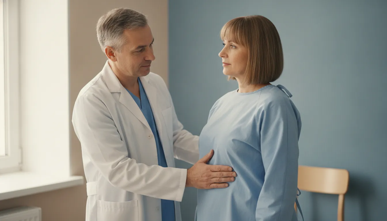 Surgeon examining the upper abdomen of an adult patient during a hernia consultation