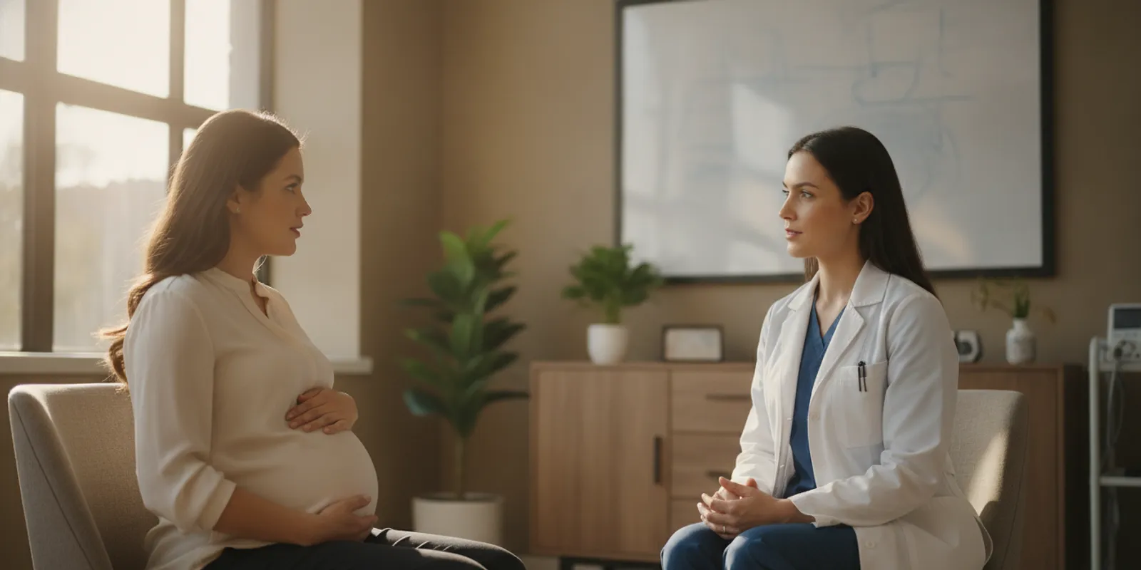 Pregnant patient discussing abdominal symptoms with a surgeon